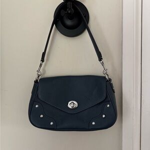 Navy Blue Coach Shoulder Bag with Silver Accents